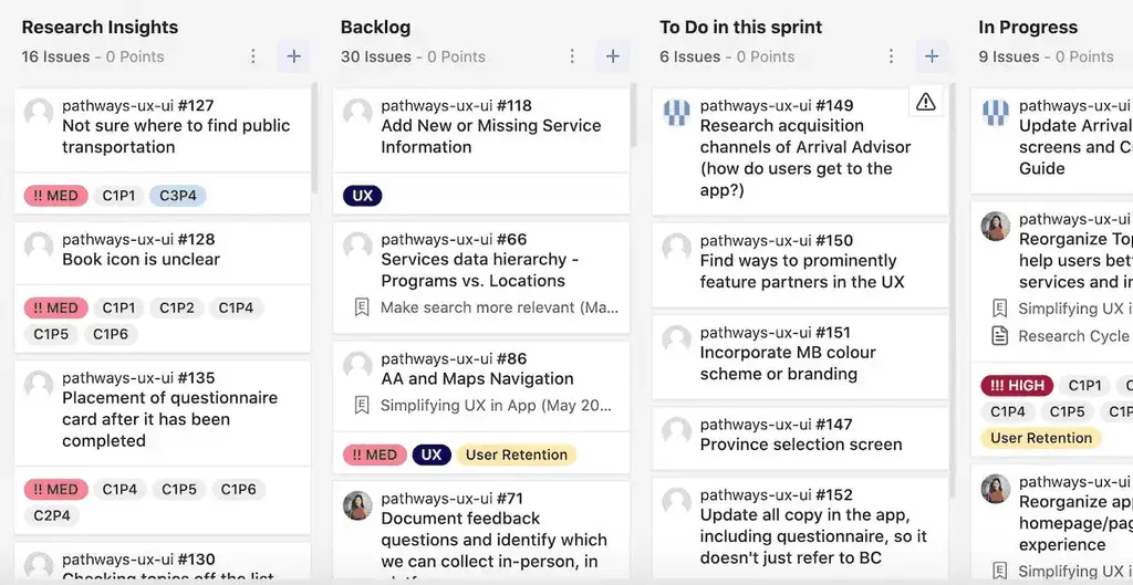 Tracking rolling research insights through our design backlog board