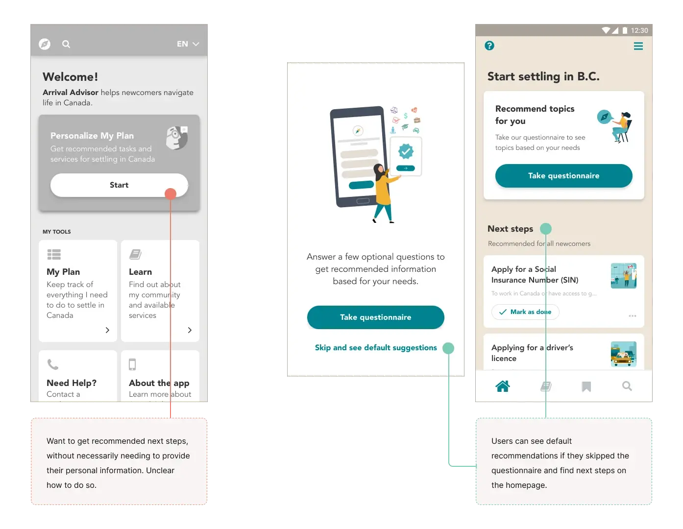 Iterating on how to access the questionnaire and recommendations in Arrival Advisor