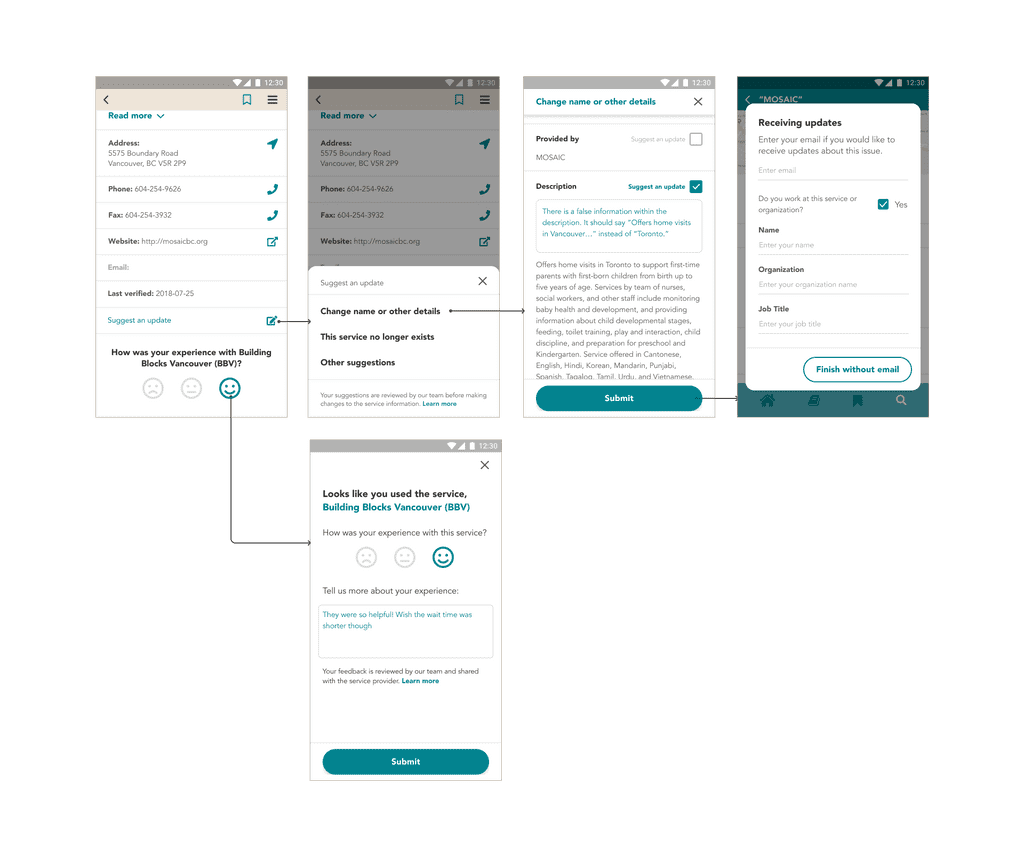 Wireframes of Arrival Advisor service feedback flow