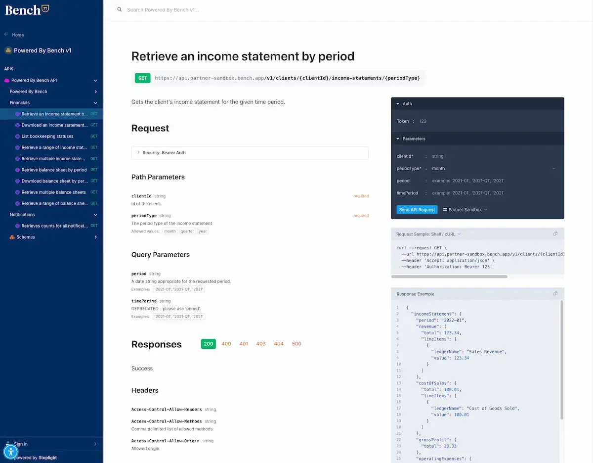 Screenshot of Bench API documentation for partners