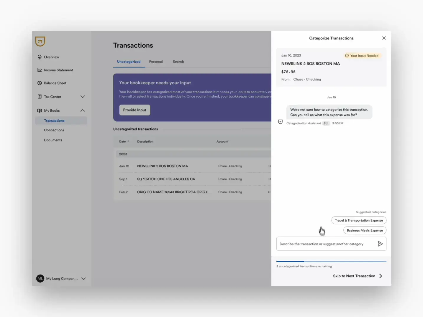 Initial design for Categorization Assistant with selectable category bubbles