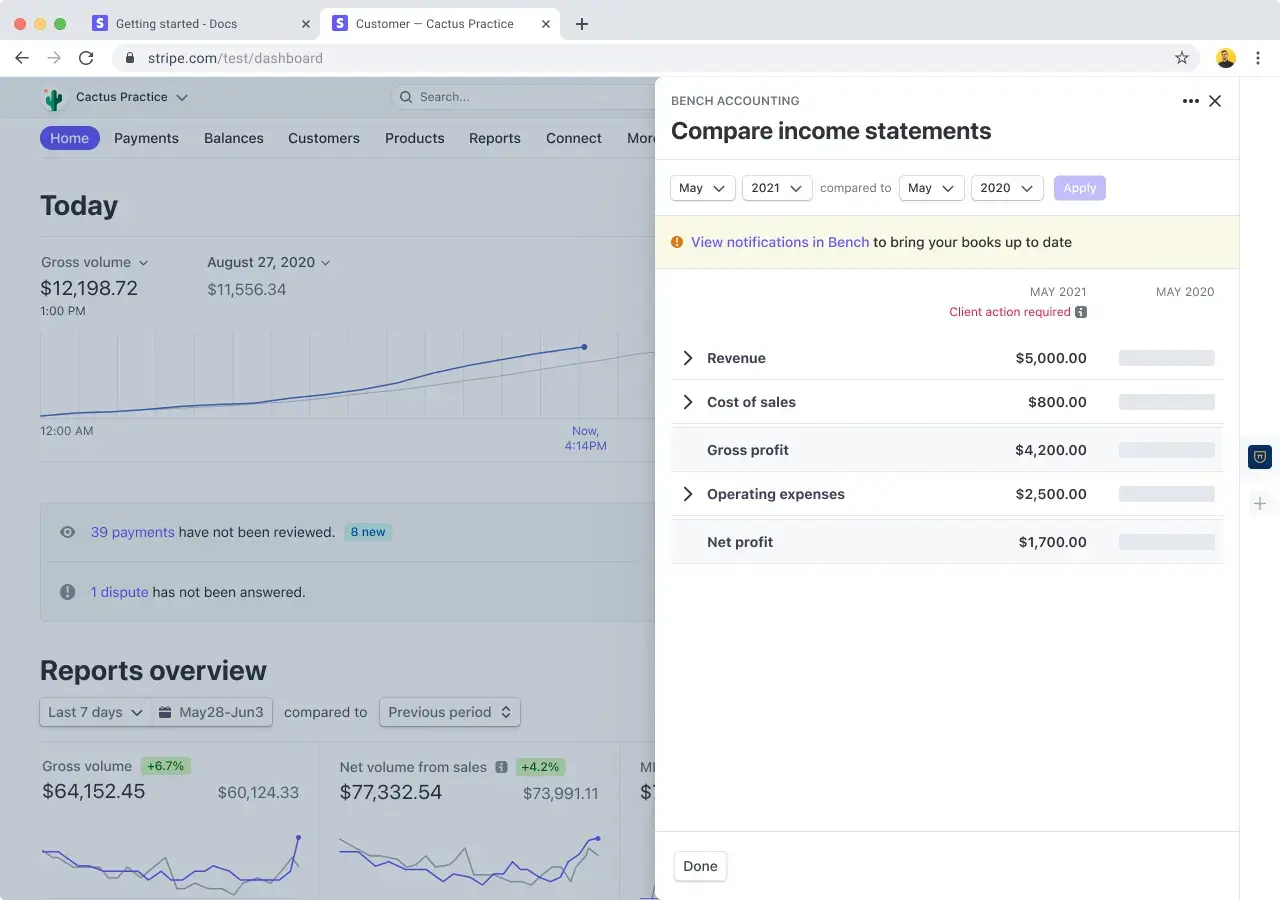 Screenshot of Bench App for Stripe prototype, showing period-over-period comparisons, with real-time bookkeeping status indicators and handoff to Bench app