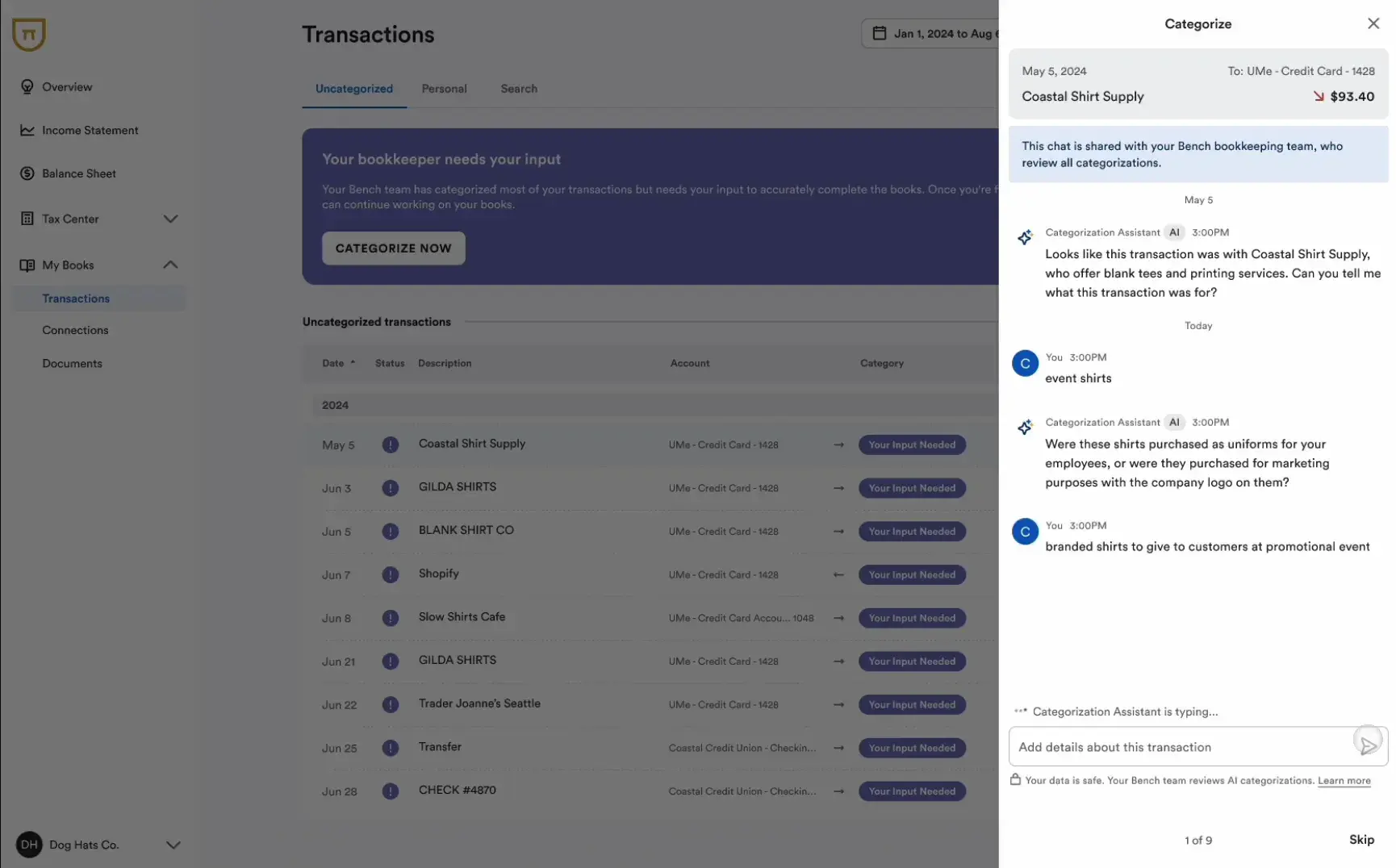 Screenshot of Bench Categorization AI