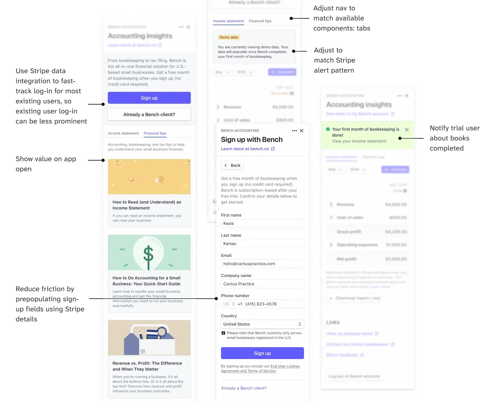Final login/sign up and demo data view designs, showing blogs, prepopulated sign up fields, adjusted nav and alert designs
