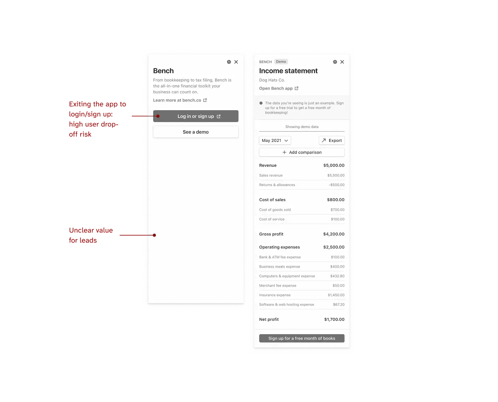 Earlier iteration of login/sign up and demo data view designs