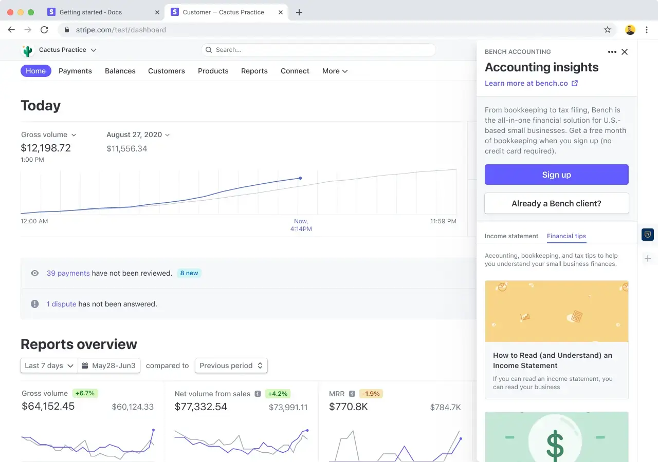 Screenshot of Bench App for Stripe prototype, showing lead and trial experience