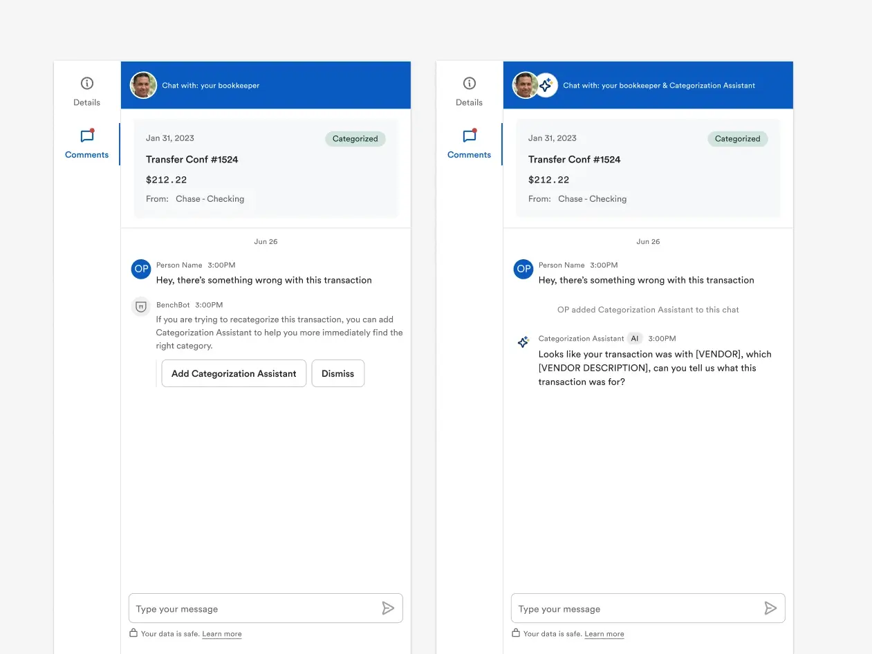 AI as an agent inside bookkeeper threads: Rather than separating the experience, AI could be suggested/added as a participant in bookkeeper comment threads