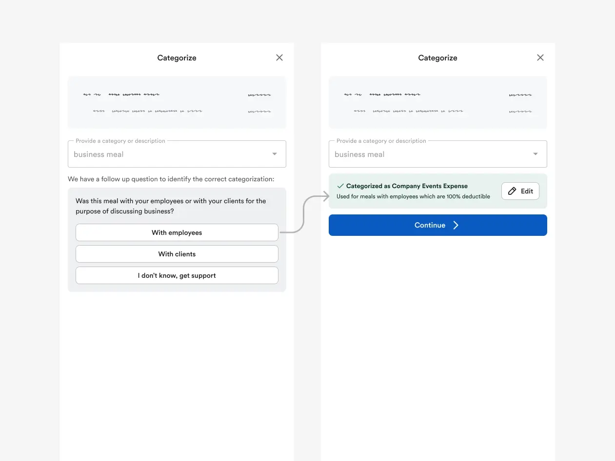 Moving verifications out of chat: What if AI can generate differentiating options directly in the flow? Example: asking Was this meal with employees or clients as a set of buttons, not a chat thread.