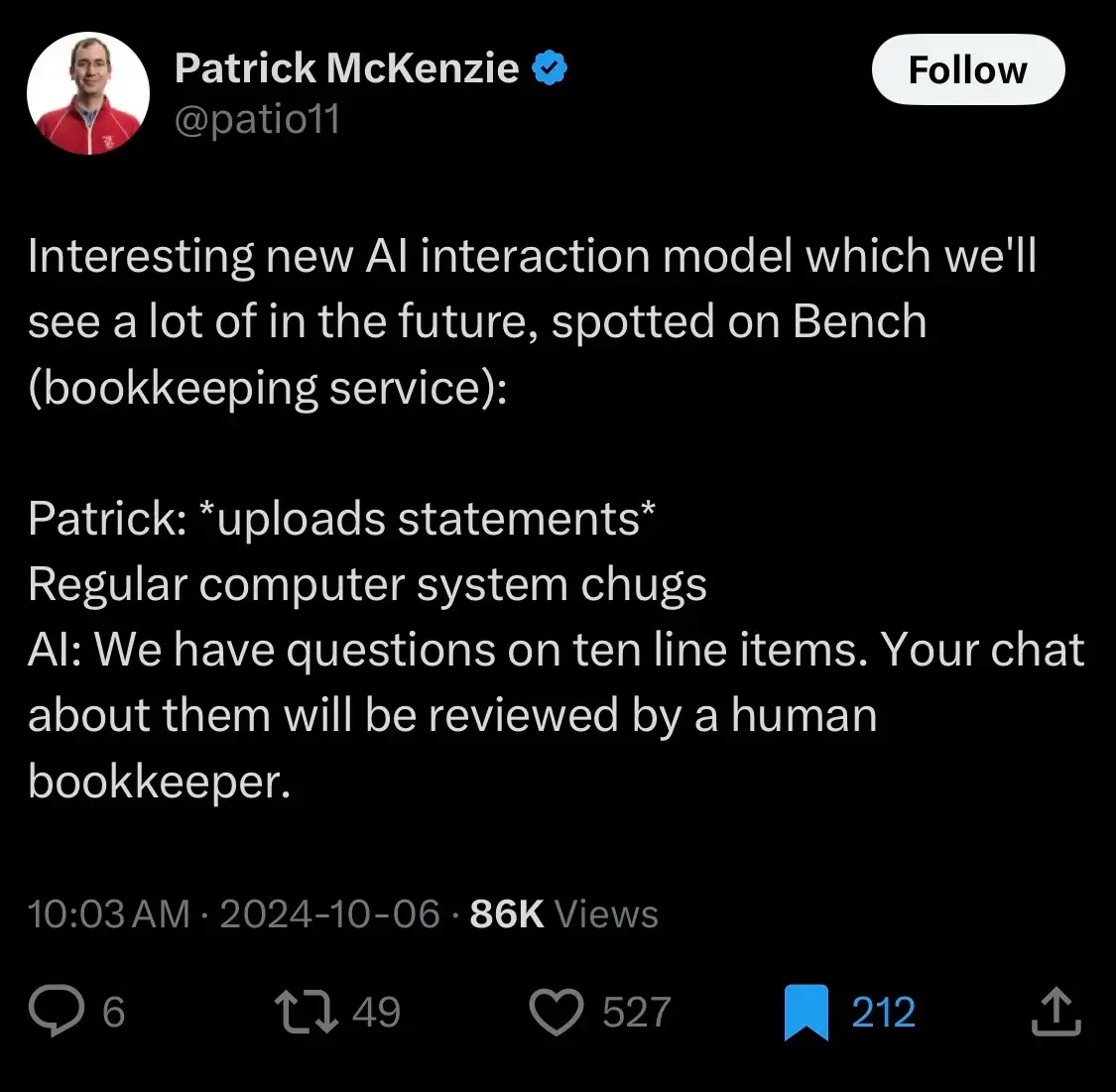 Screenshot 1 of Twitter post by Patrick McKenzie describing the value of Bench categorization AI