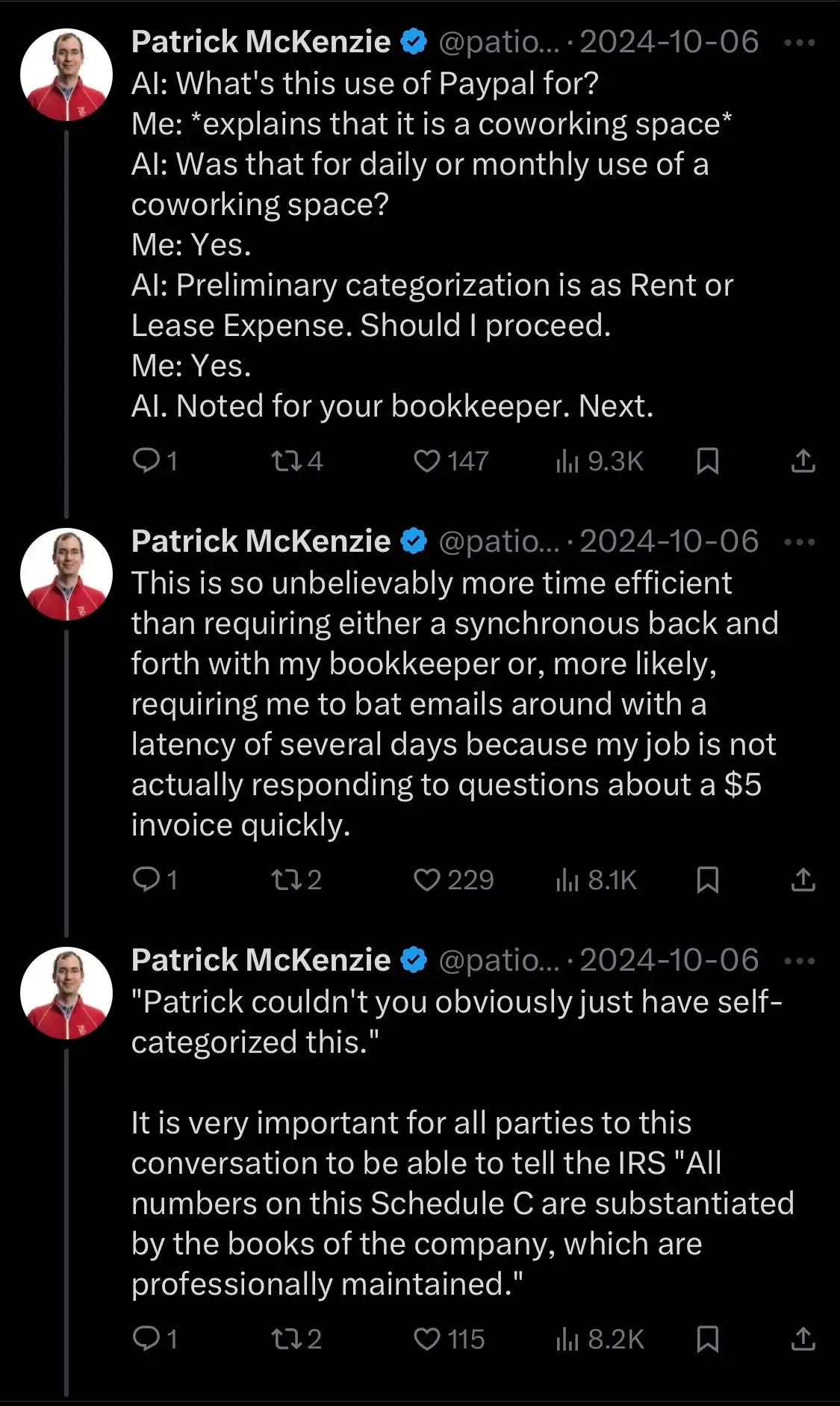 Screenshot 2 of Twitter post by Patrick McKenzie describing the value of Bench categorization AI