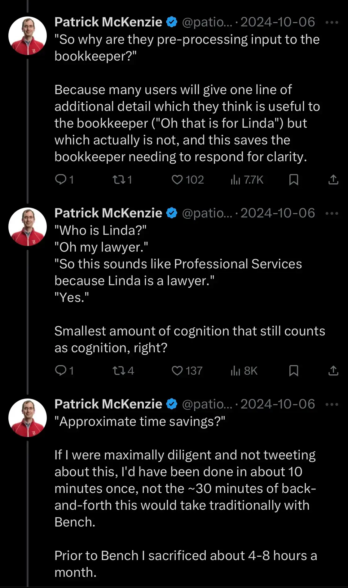 Screenshot 3 of Twitter post by Patrick McKenzie describing the value of Bench categorization AI
