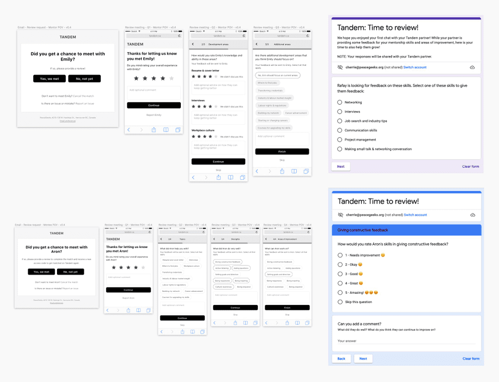 Side-by-side of wireframes and a Google form implementation to test our flow