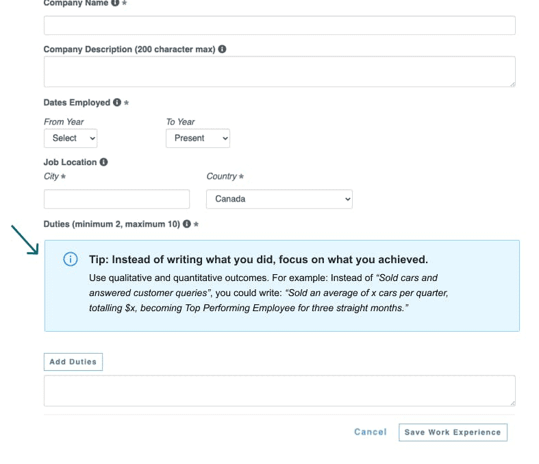 Tips or instructions in the Candidate Profile with feedback on how to make their profile stronger