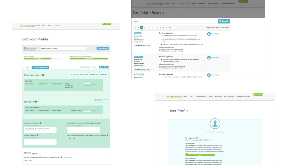 BC JobConnect existing platform screens