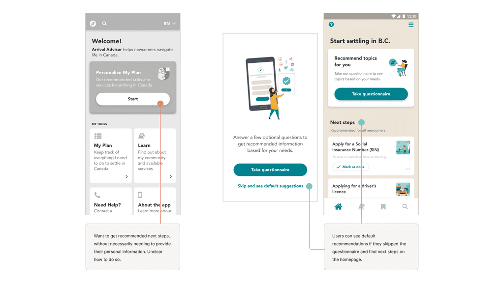 Iterating on how to access the questionnaire and recommendations in Arrival Advisor