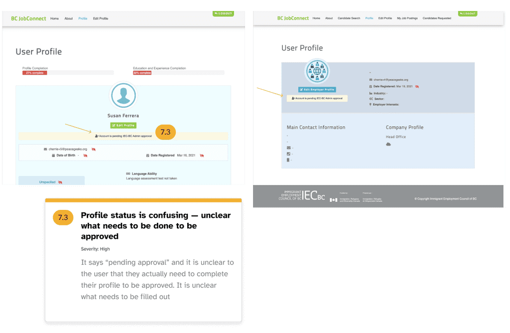 Issue: Profile status is unclear — user doesn't know what needs to be done to be approved