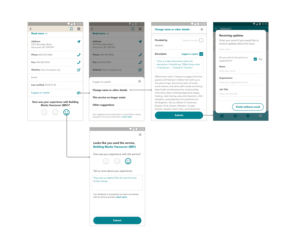 Wireframes for Arrival Advisor service feedback