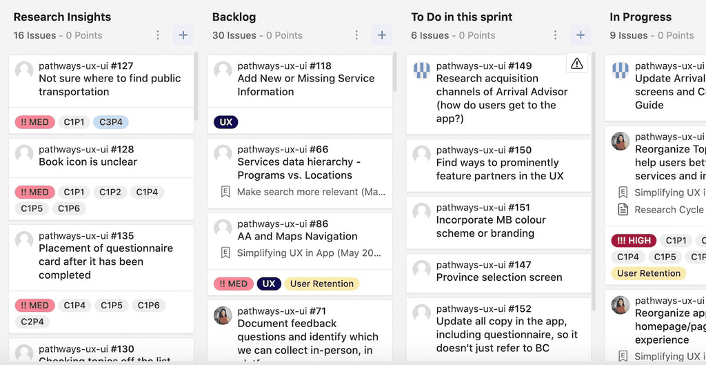 Tracking rolling research insights through our design backlog board